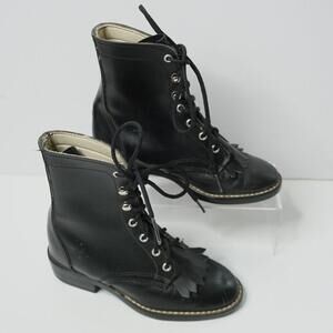 Laredo Western Black Leather Lace‎ Up Boots Girls 10.5 Rodeo Kiltie Riding Roper
